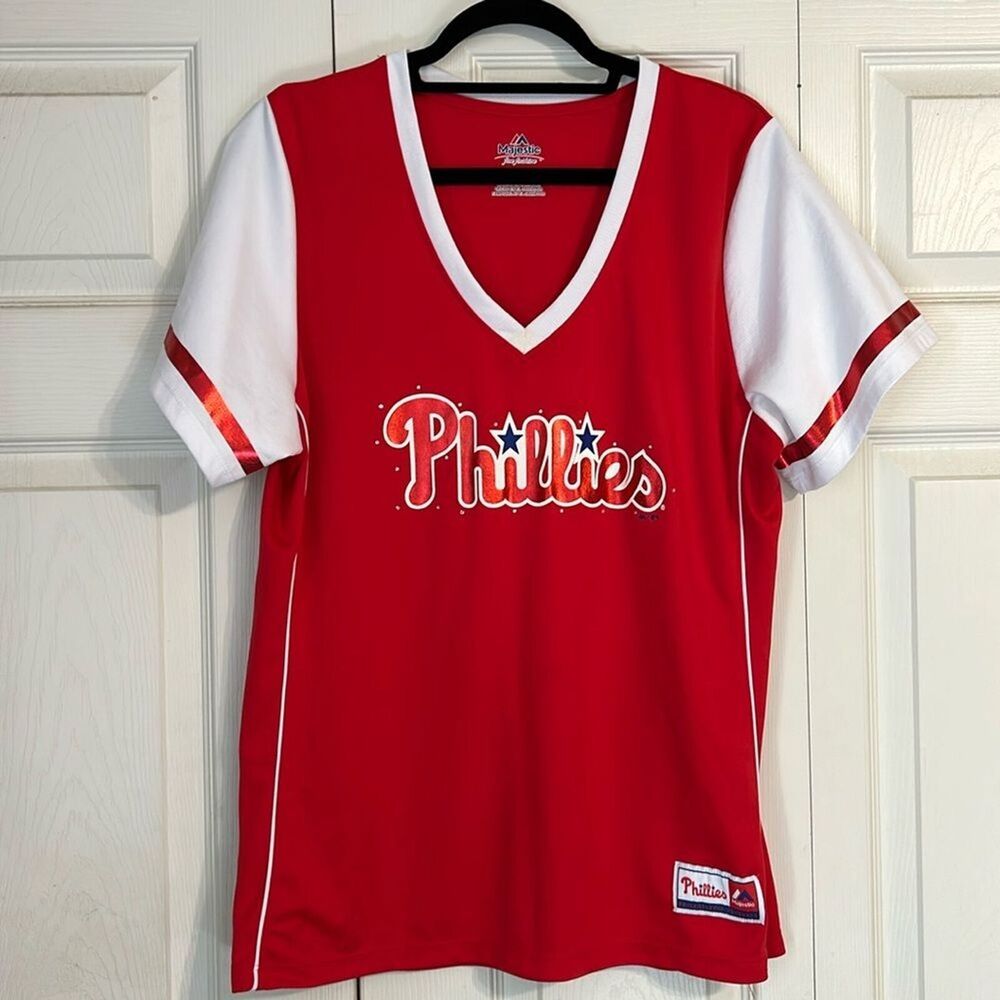 Phillies Women's Red and White V-Neck Top